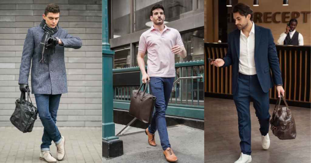 Three men in different outfits, showcasing the latest trends  of men's bags in  fashion.