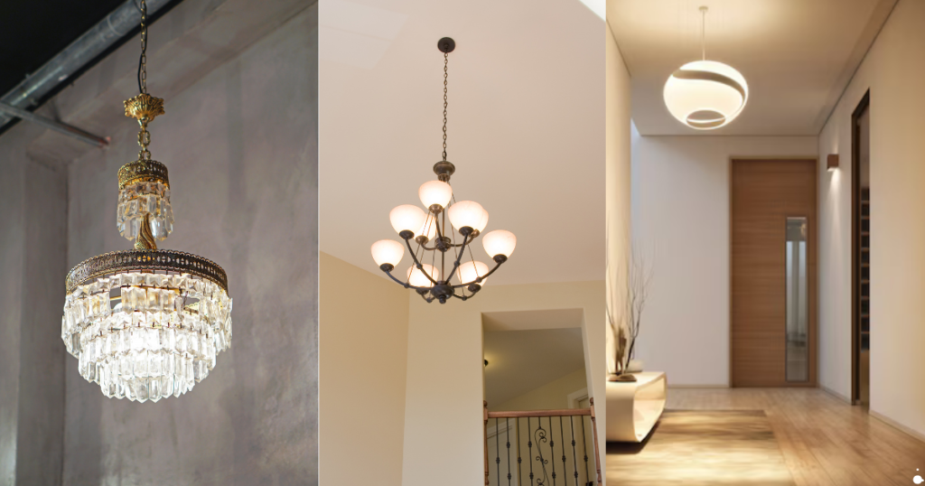  Three Ceiling Lights hang from a white ceiling in a hallway. 