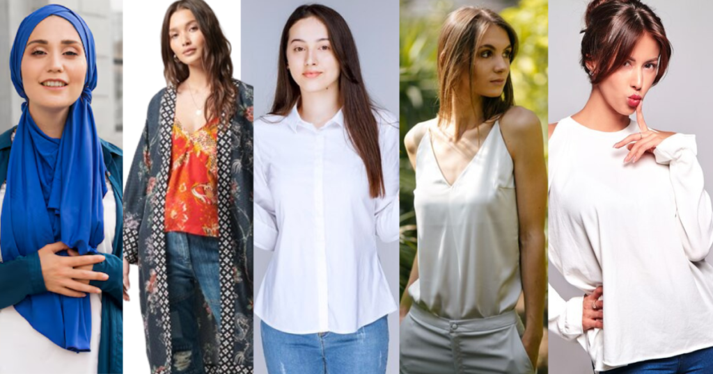 Five  women in diverse outfits, showcasing unique styles and fashion choices.