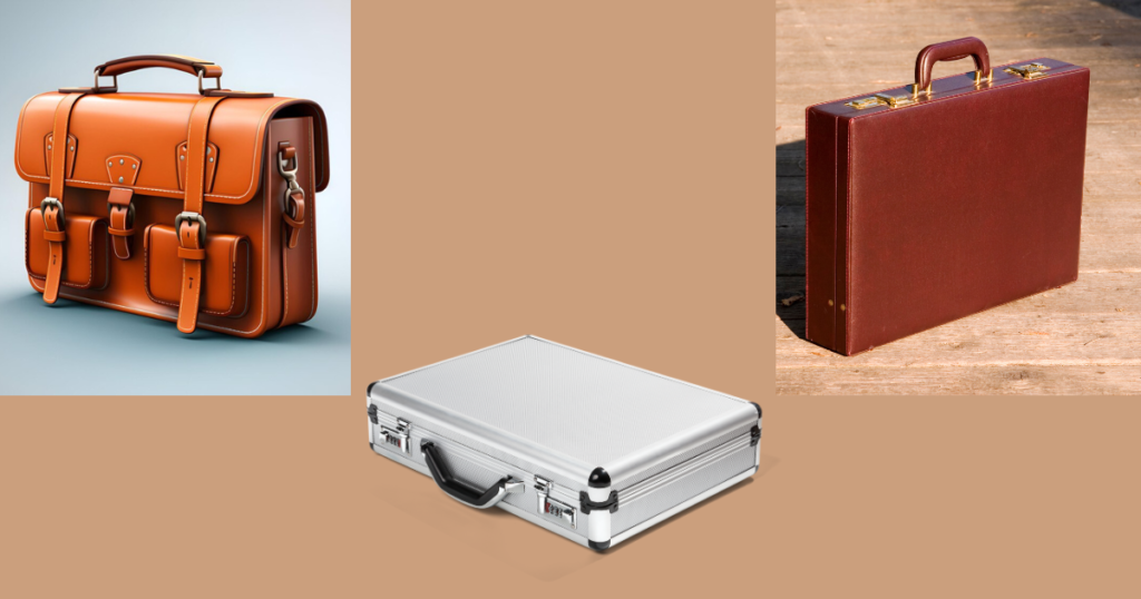 A collection  stylish bags including three briefcases and a suitcase.