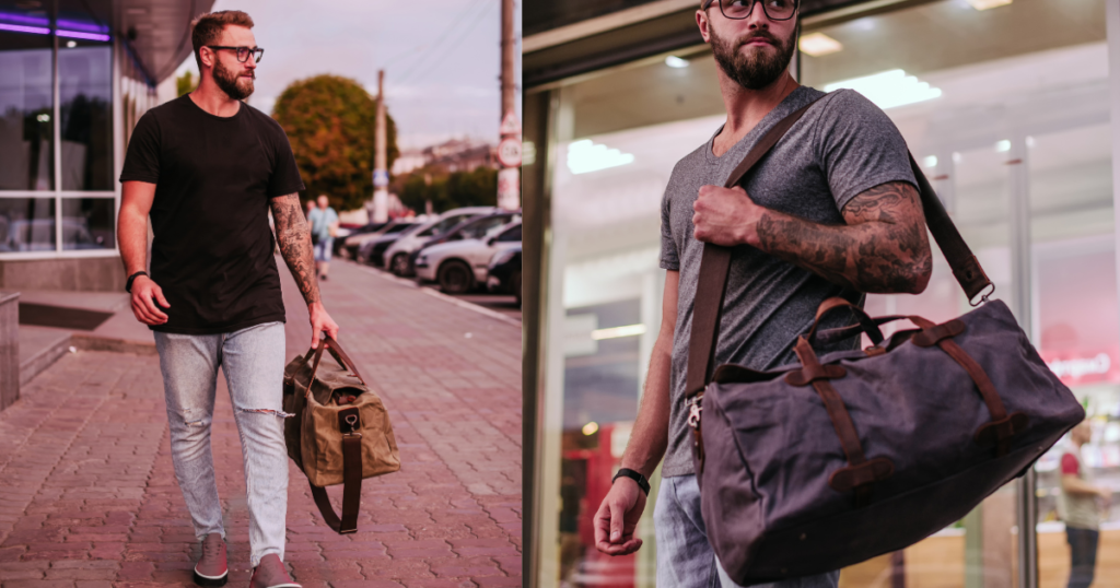 A man with glasses wearing  Duffel Bag