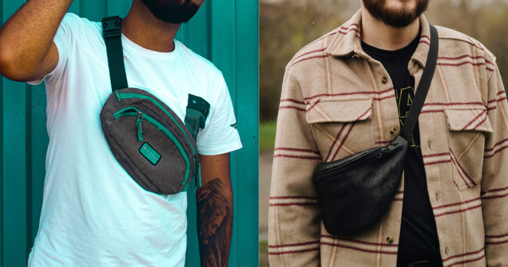 Two men wearing fanny packs, one with a stylish beard. Trendy accessories for men on the go.