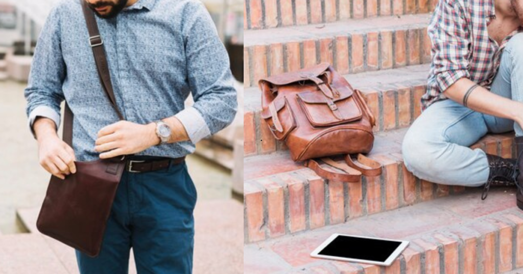 A man sitting on steps, engrossed in his tablet, with a stylish Satchel bag by his side.