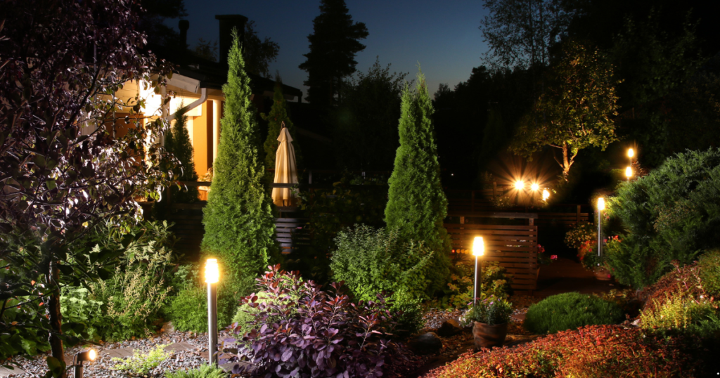 view of  a garden of a house with different outdoor lights