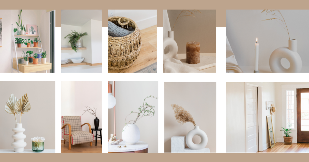 A collage of photos featuring various living room arrangements with plants and candles.