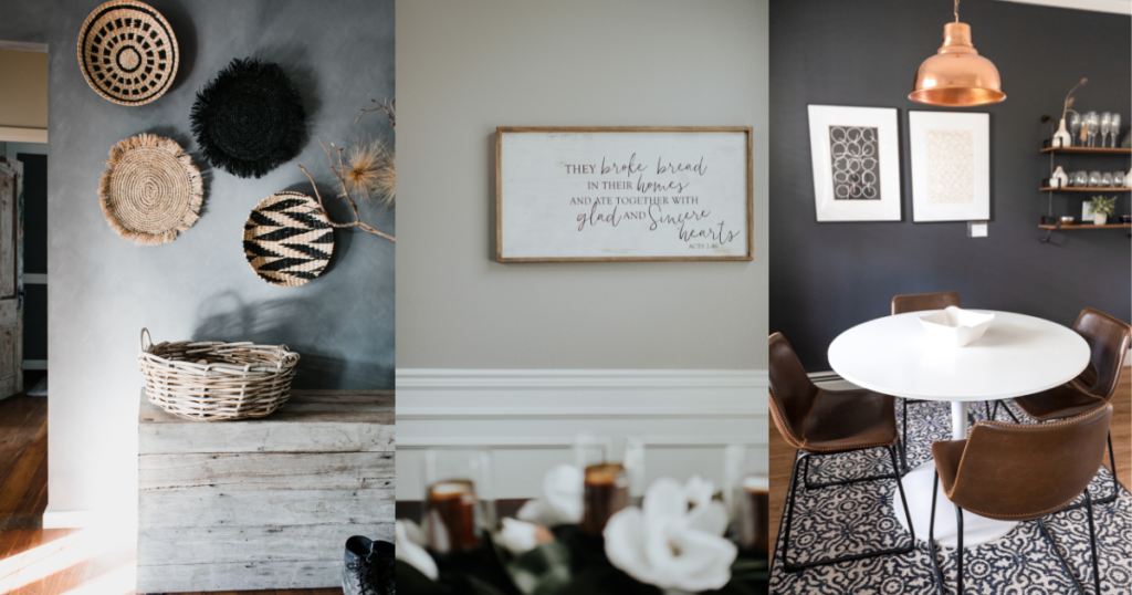 A collage of three pictures of a dining room