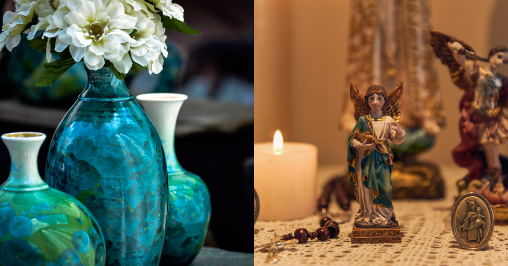 A clear glass vase filled with colorful flowers next to a white ceramic statue of an angel