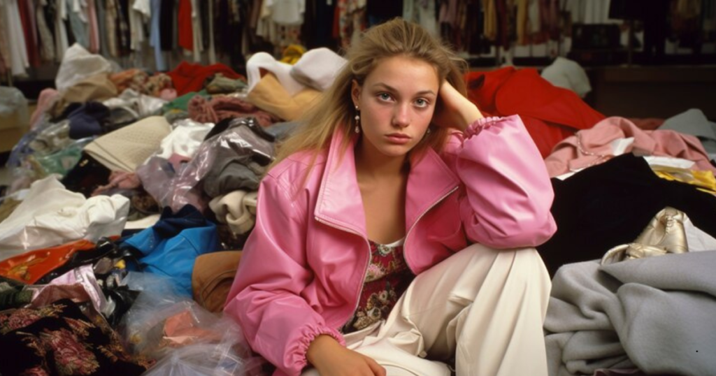 A woman sitting on a pile of clothes, showcasing out dated clothes Style Mistakes.