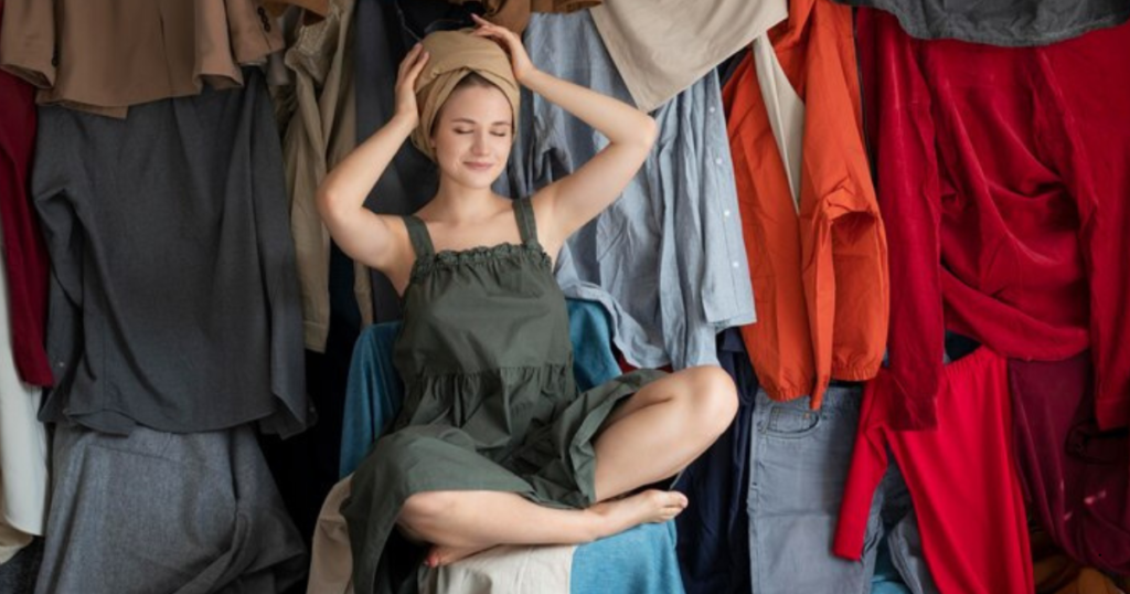 A woman sitting on a chair surrounded by a pile of clothes, showcasing common style mistakes.