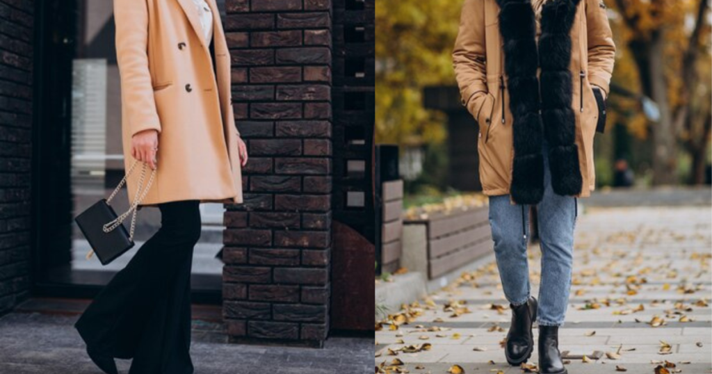 Two women in black and camel coats and boots