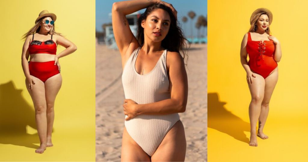 Three  women in swimsuits and hats, showcasing swimwear for Curvy/Hourglass and Full-Busted body type.