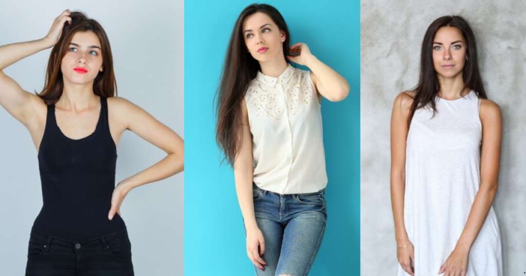 3 women in outfits showcasing necklines for Boyish body shape