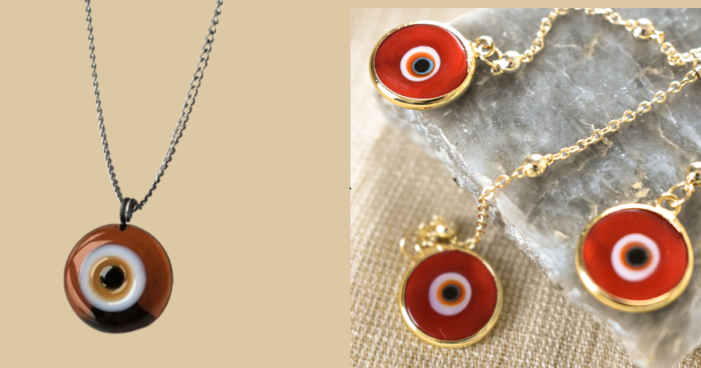 A collage of red and brown evil eye beads