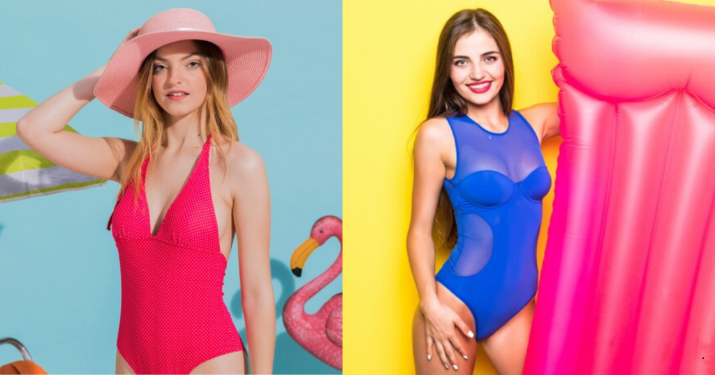 Two women showcasing swimwear for  Boyish Body type.