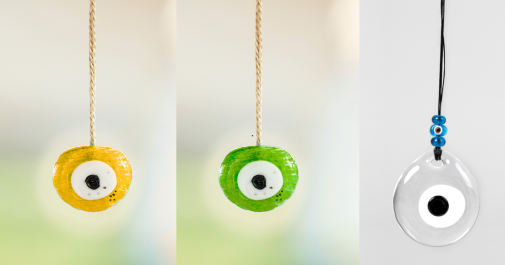 A collage of evil eye beads hanging 