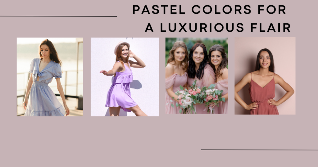 a collage of four women wearing dresses in pastel colors